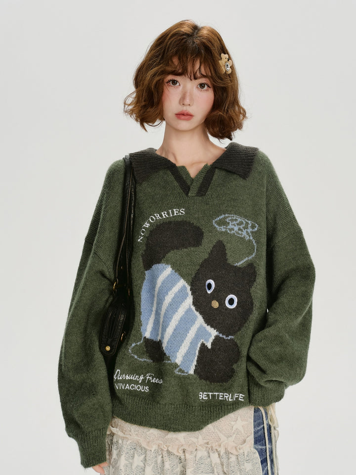 Playful Cat Pattern Knitwear Top