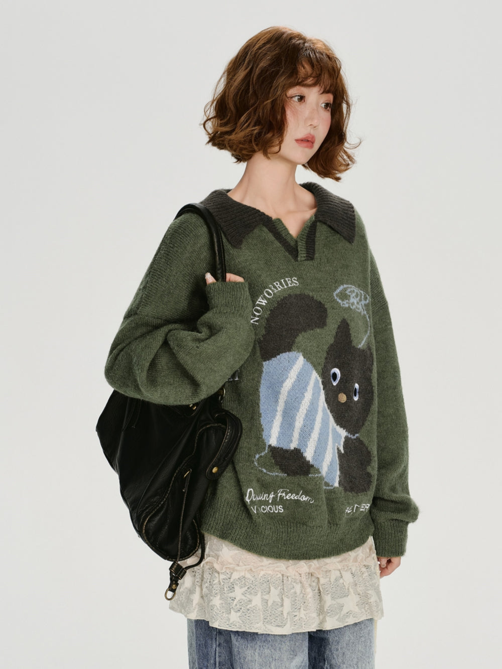 Playful Cat Pattern Knitwear Top