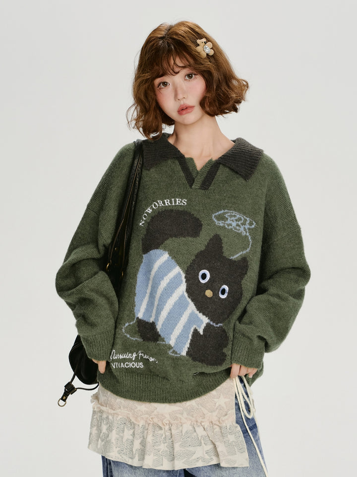 Playful Cat Pattern Knitwear Top