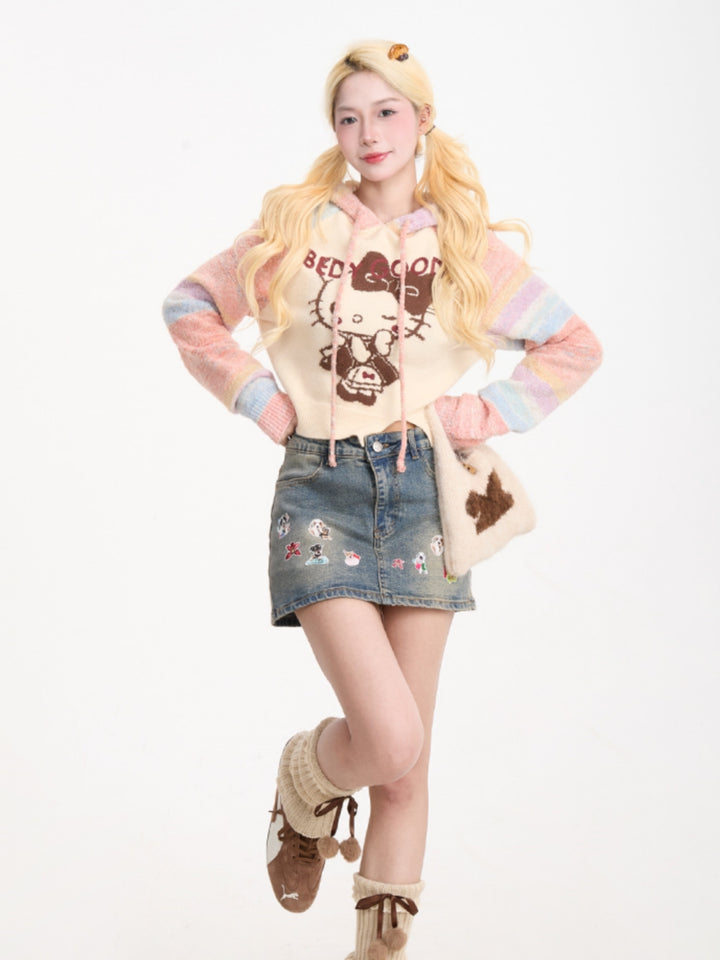 Playful Kitty Jacquard Cropped Knit Hoodie | Cute & Cozy Women's Sweater