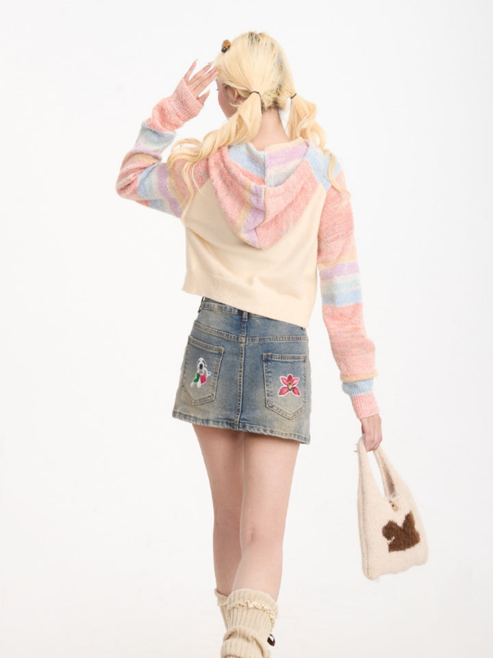 Playful Kitty Jacquard Cropped Knit Hoodie | Cute & Cozy Women's Sweater