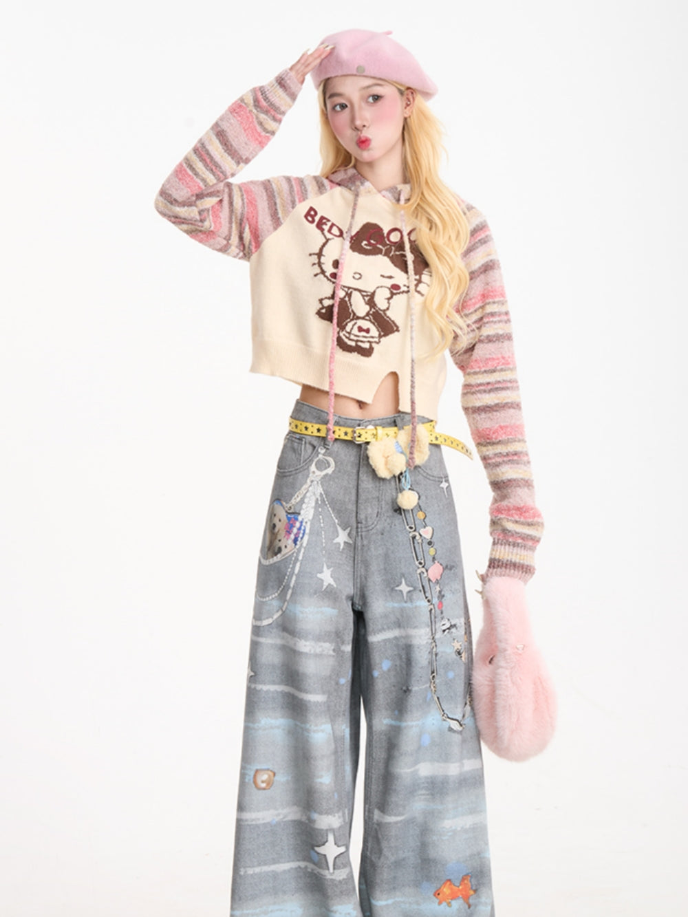 Playful Kitty Jacquard Cropped Knit Hoodie | Cute & Cozy Women's Sweater