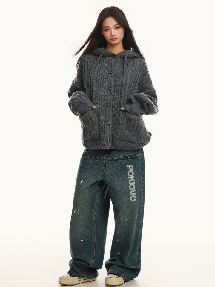 Premium Vintage Chunky Knit Hooded Cardigan Sweater
