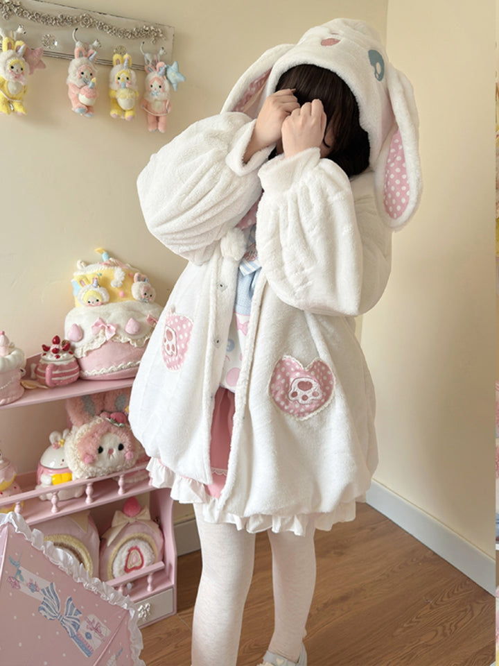 Rabbit Ears Hoodie Lolita Coat - Plush & Soft Winter Overcoat for Sweet Kawaii Fashion