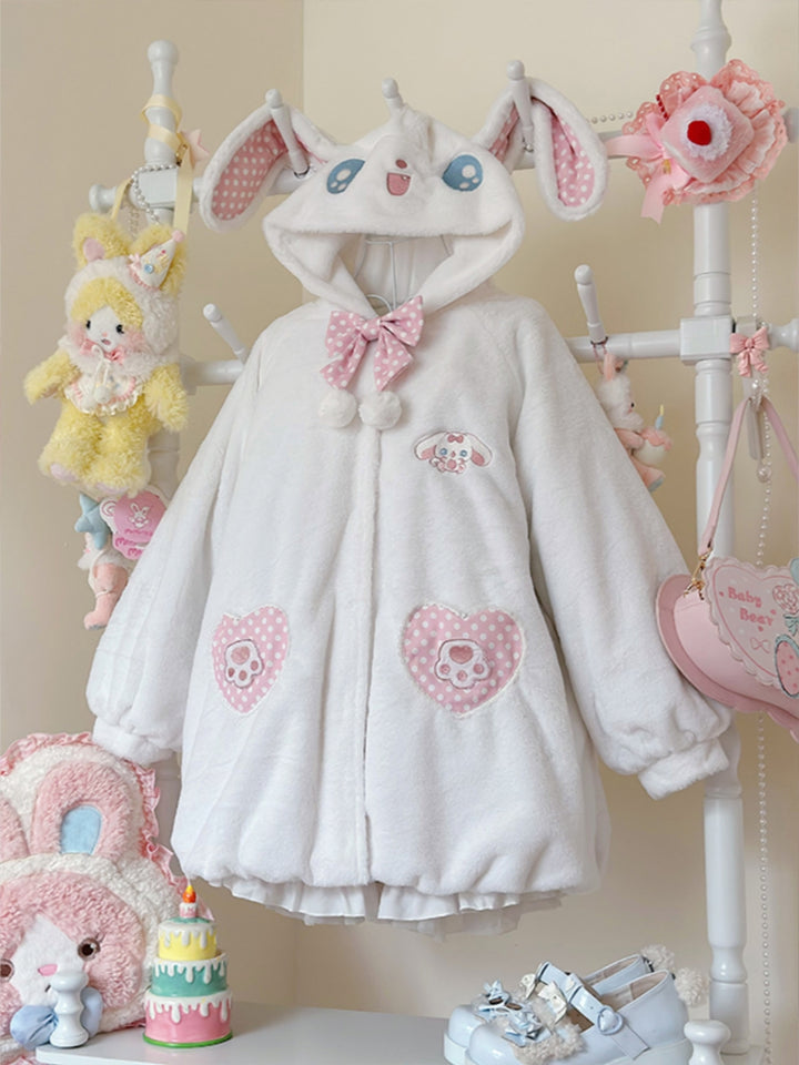 Rabbit Ears Hoodie Lolita Coat - Plush & Soft Winter Overcoat for Sweet Kawaii Fashion