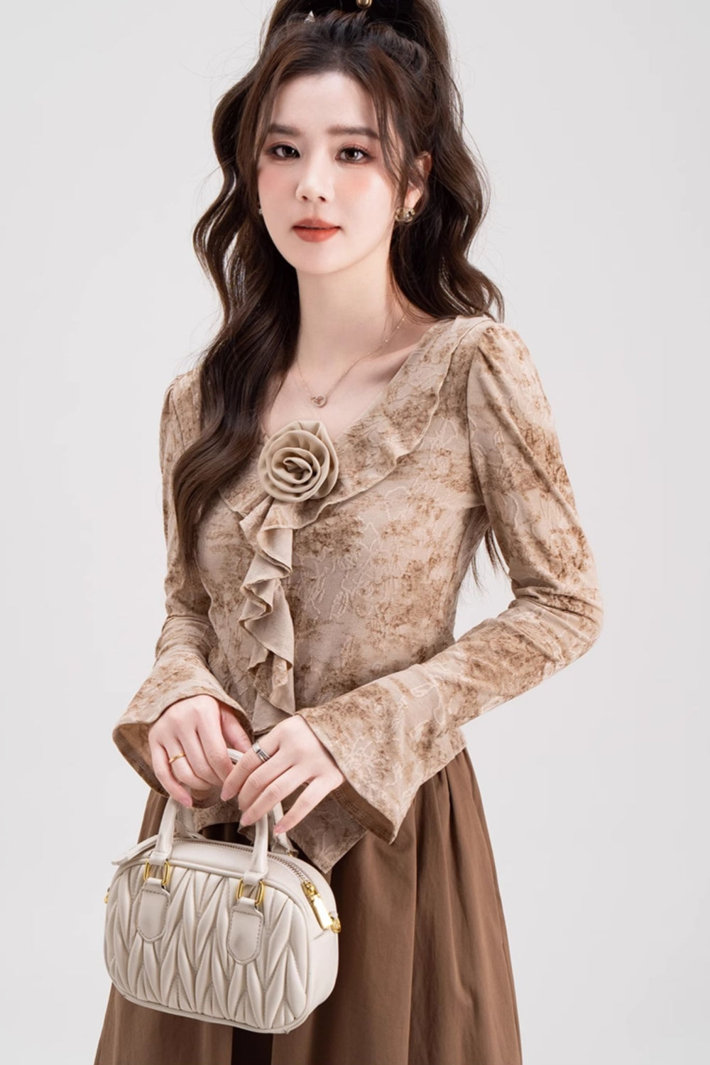 Ruffle V-Neck Fitted Elegant Top