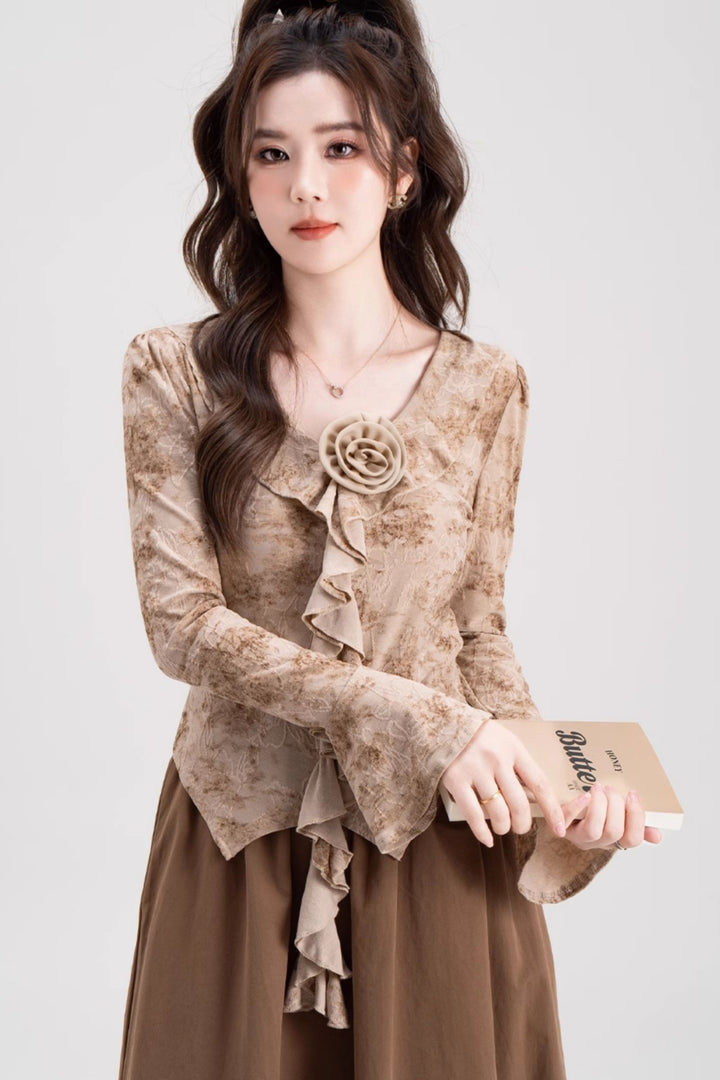 Ruffle V-Neck Fitted Elegant Top
