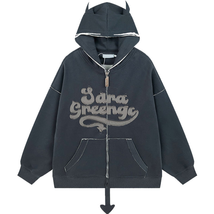 Little Devil Letter Embroidery Sweatshirt with Pockets