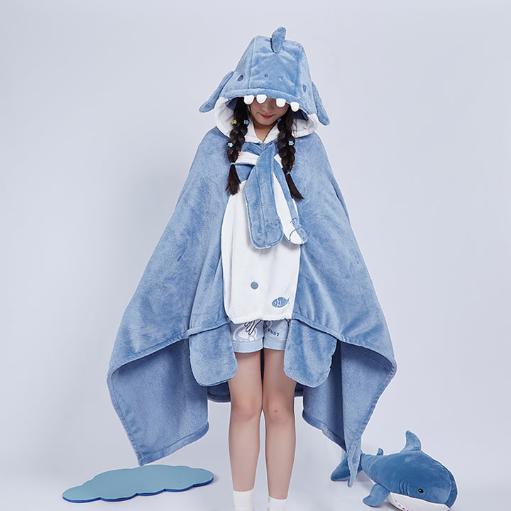 Cute Cartoon Shark Plush Hooded Cape Blanket