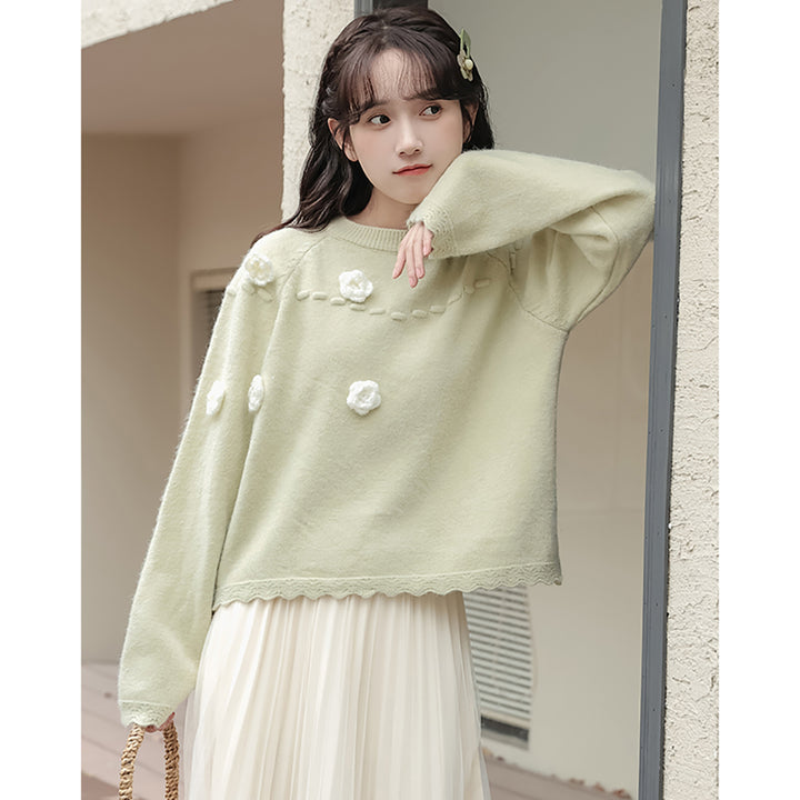 Japanese-style Floral Embroidered Round Neck Autumn Winter Sweater