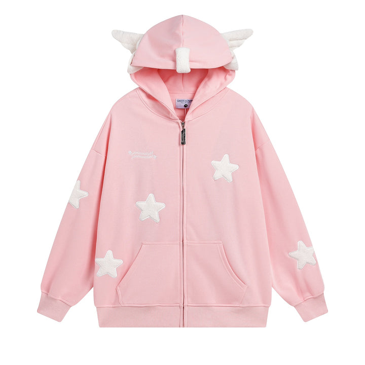 Star Wings Print Zipper Sweatshirt with Pocket