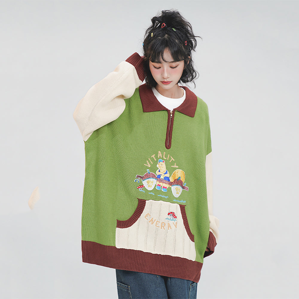 Cartoon Embroidered Pocket Polo-neck Sweater