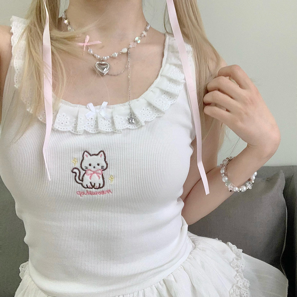Cat Embroidery Lace Trim Camisole Top
