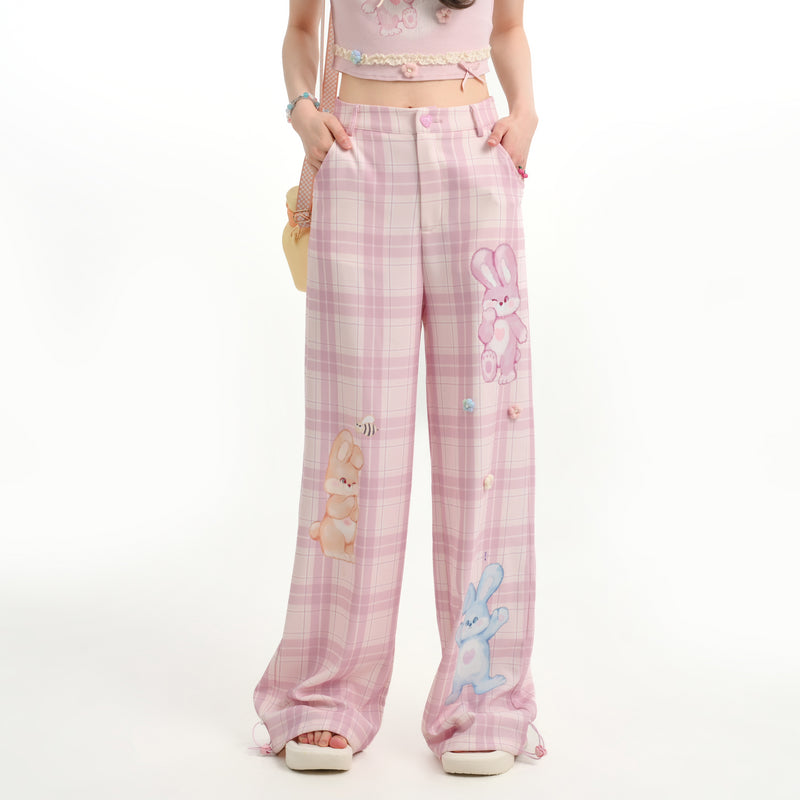 Cute Bunny Printed Pink Plaid Straight-leg Pants