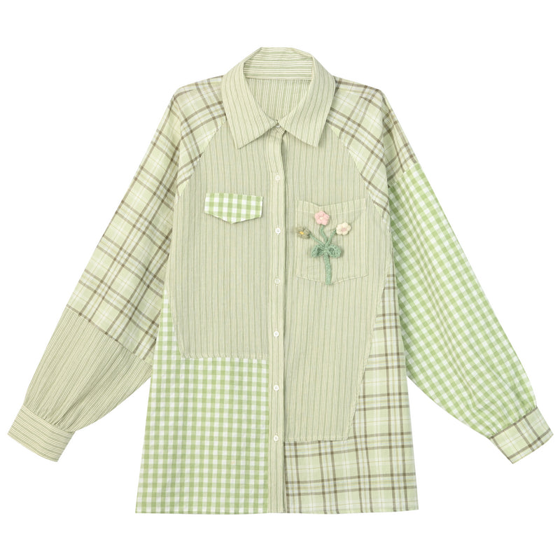 Spring Sweet Literary Casual Green Plaid Shirt