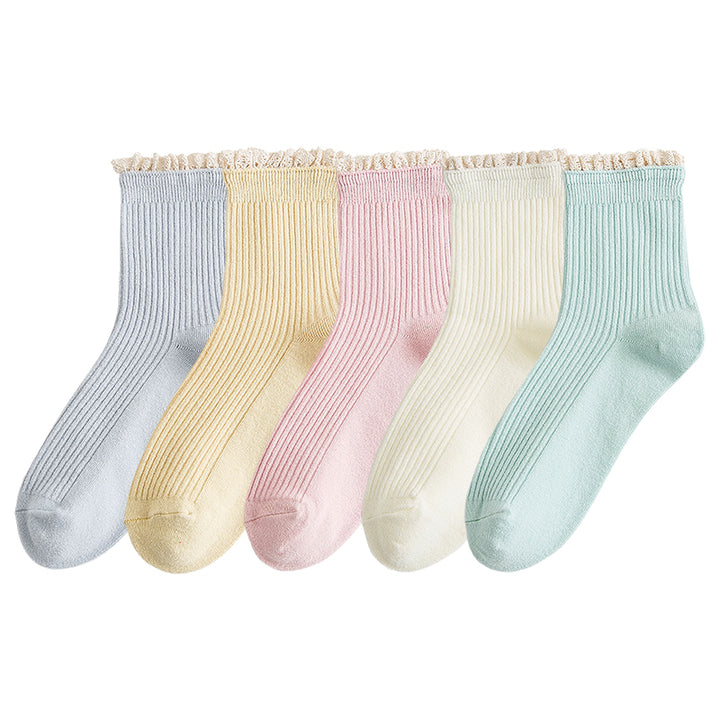 Lace Edged Autumn Winter Cotton Socks 5 Pairs / Set