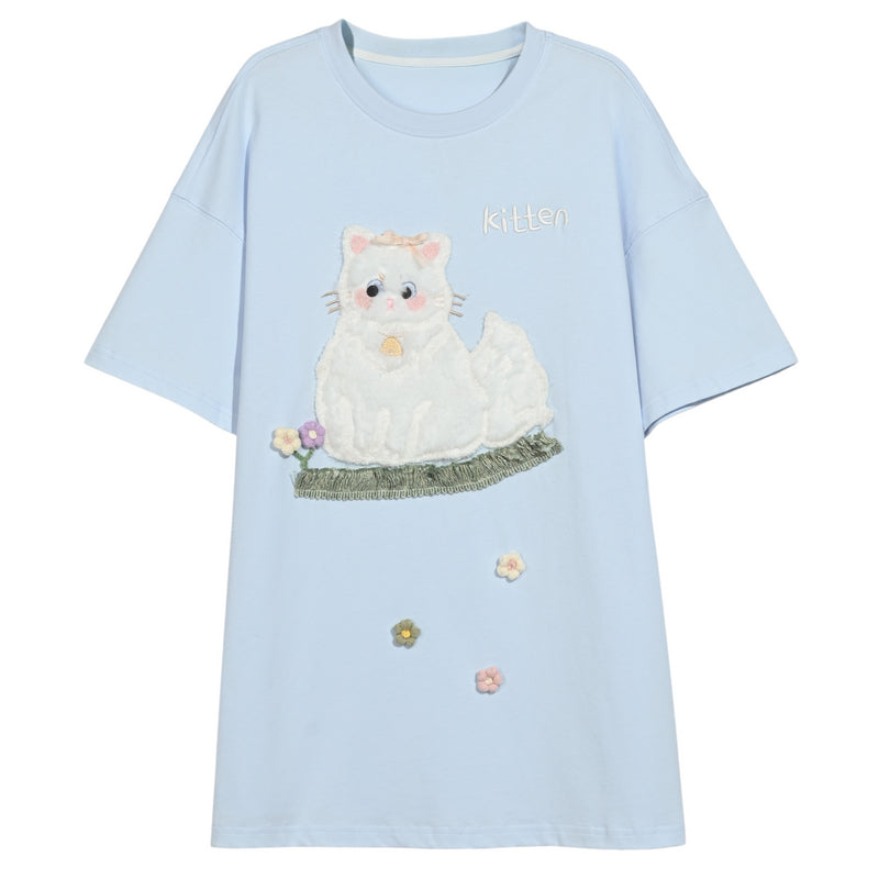 Blue Kitten Patch Embroidery Short Sleeve T-Shirt