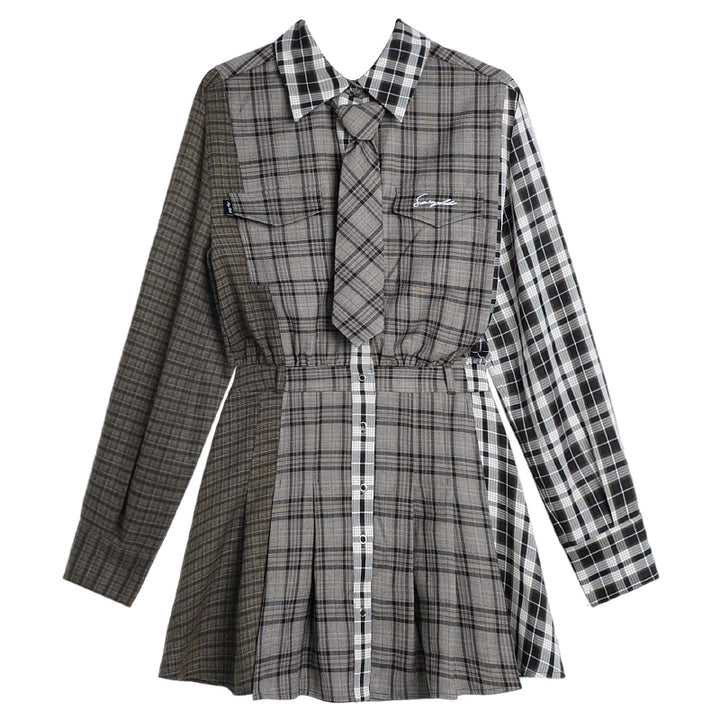 Patchwork Design Loose Casual Shirt Dress with Plaid Pattern