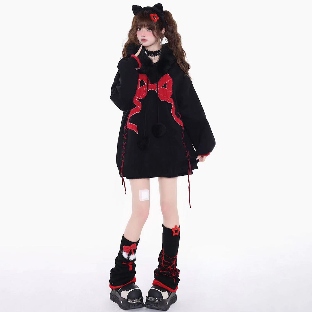 Bowknot black and red sweater for spring autumn winter