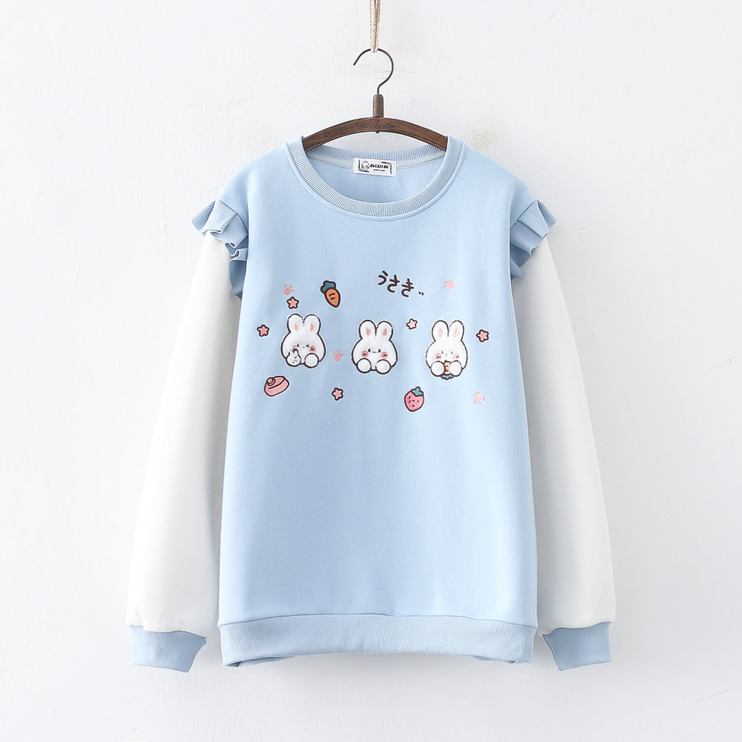 Cartoon Rabbit Round Neck Thick Hoodie