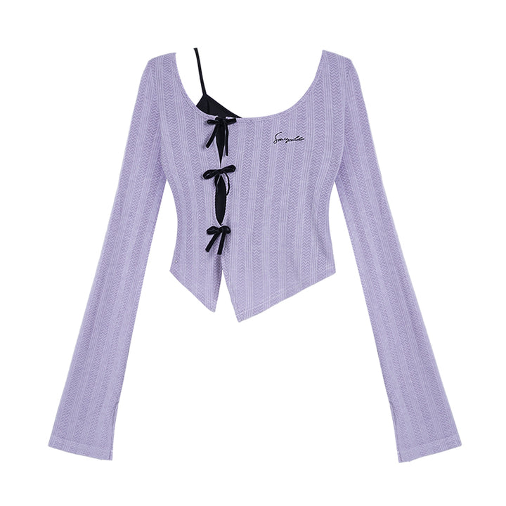 Spring Purple Flared Long-Sleeve Slim-Fit Short Top