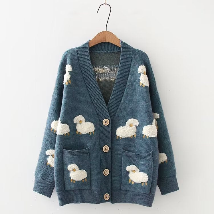 Cute Sheep Loose Fit Knit Sweater Cardigan