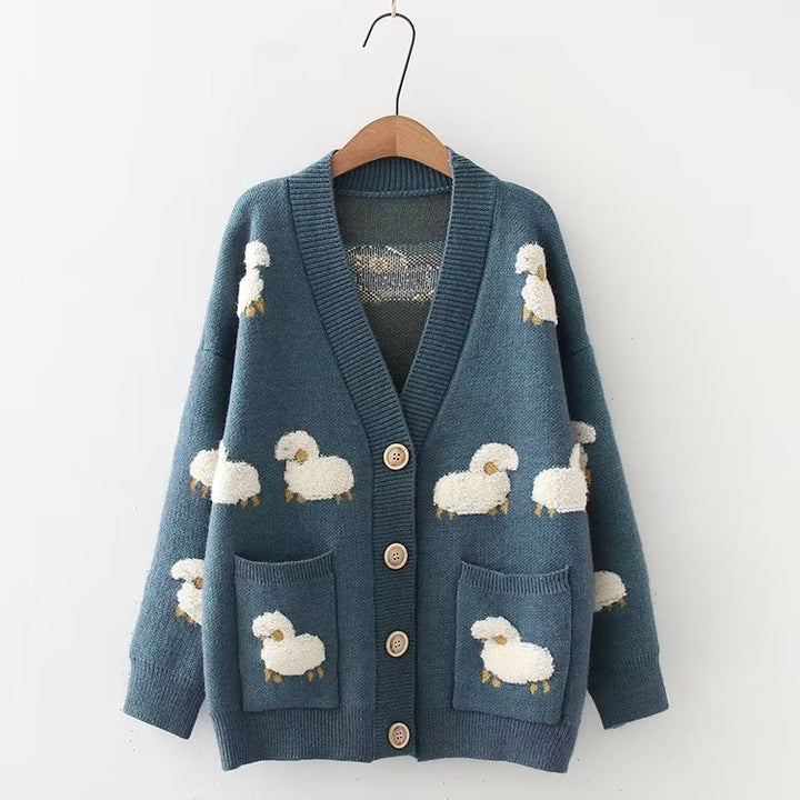 Cute Sheep Loose Fit Knit Sweater Cardigan