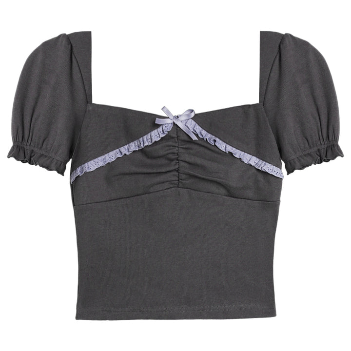 Gray square-neck lace-trimmed short-sleeve slim-fit top