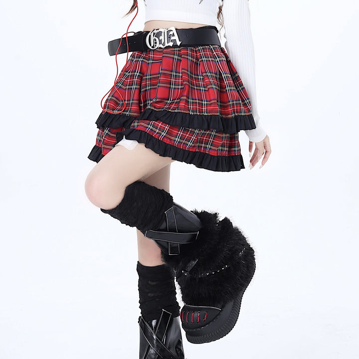 Black and red plaid school-style pleated skirt