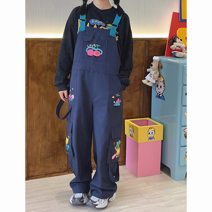 Cute American-style Cartoon Embroidery Loose Overalls