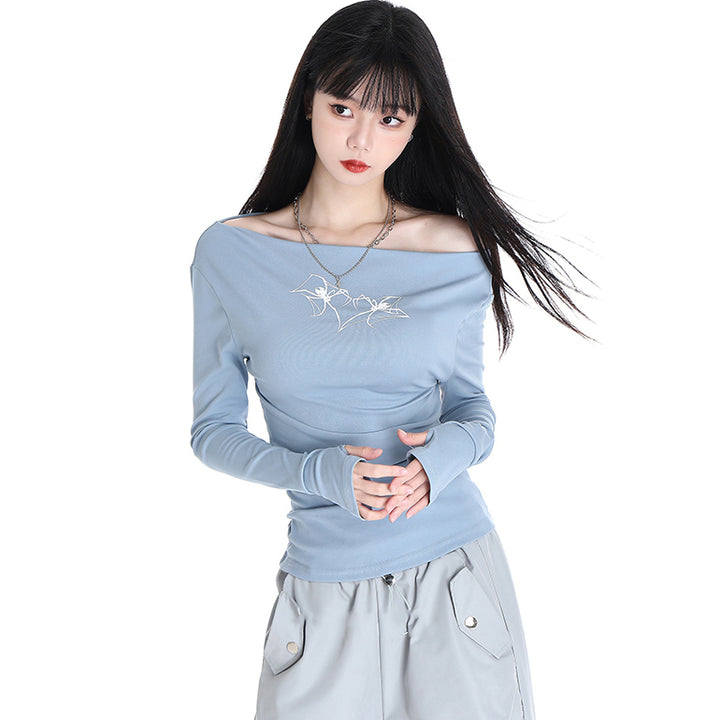 Korean spring Chic one-shoulder long-sleeve t-shirt for women