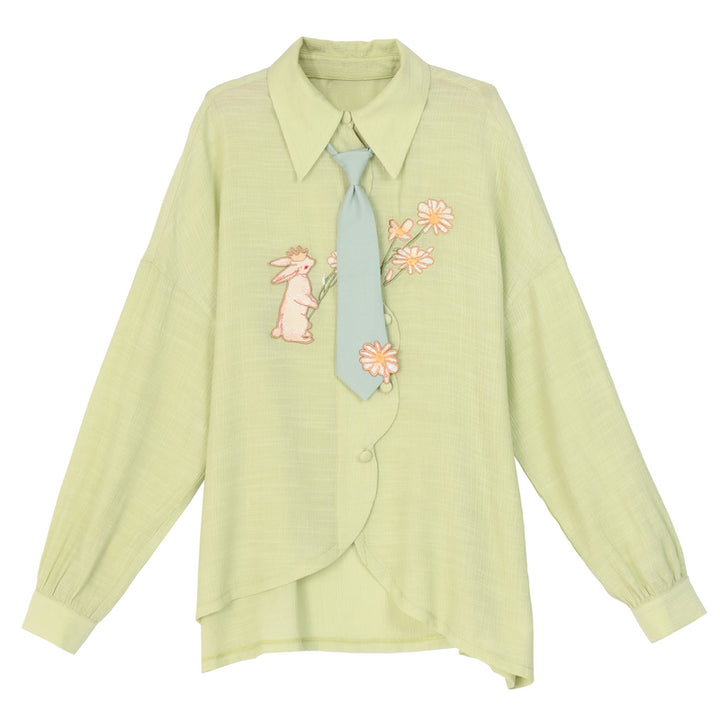 Spring Rabbit and Daisy Embroidery Green Necktie Shirt