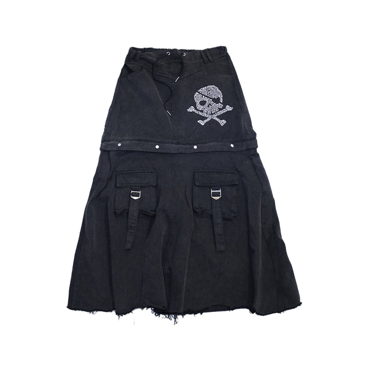 Punk dual-wear detachable long skirt transforming into short denim skirt