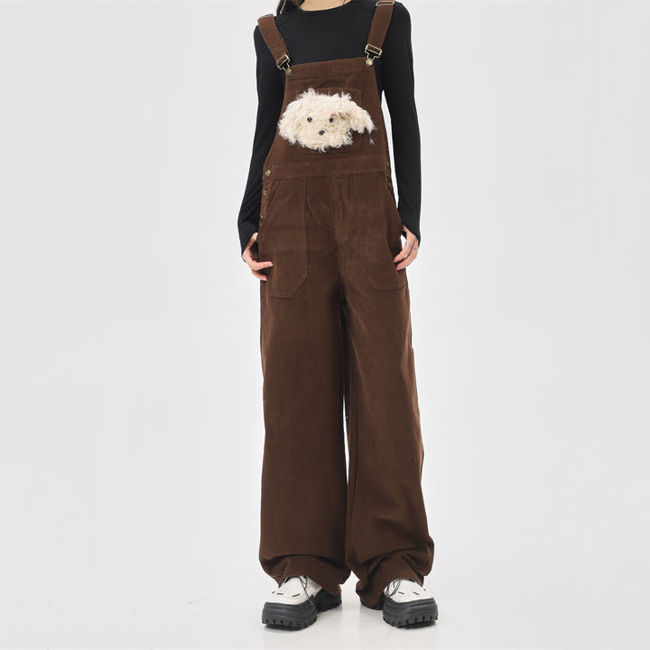 Cartoon Puppy Loose Fit Corduroy Jumpsuit