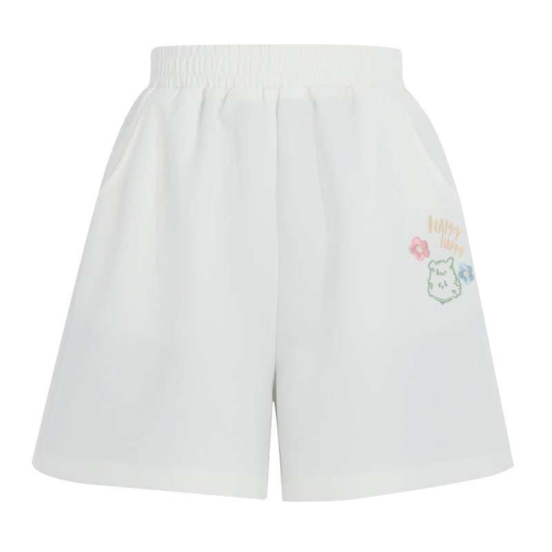 Puppy Embroidery White Shorts