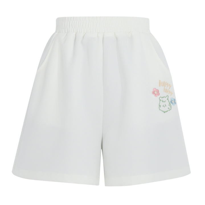 Puppy Embroidery White Shorts