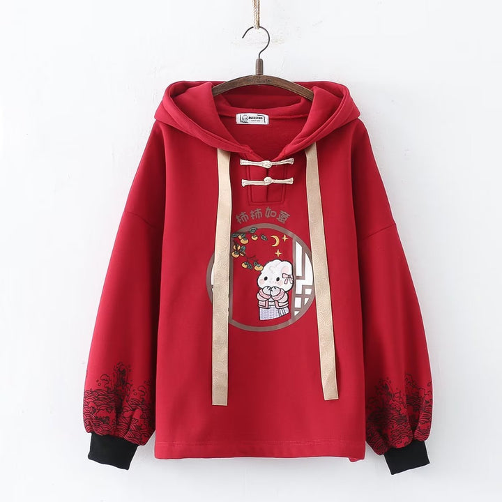 Vintage Chinese Style White Rabbit Pattern Fleece Hoodie