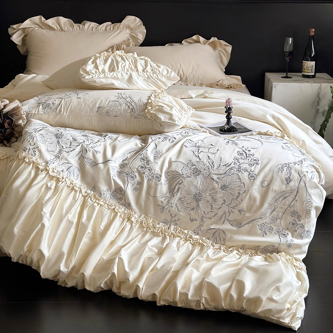 Floral Embroidery Ruffled Lace Cotton Bedding Set