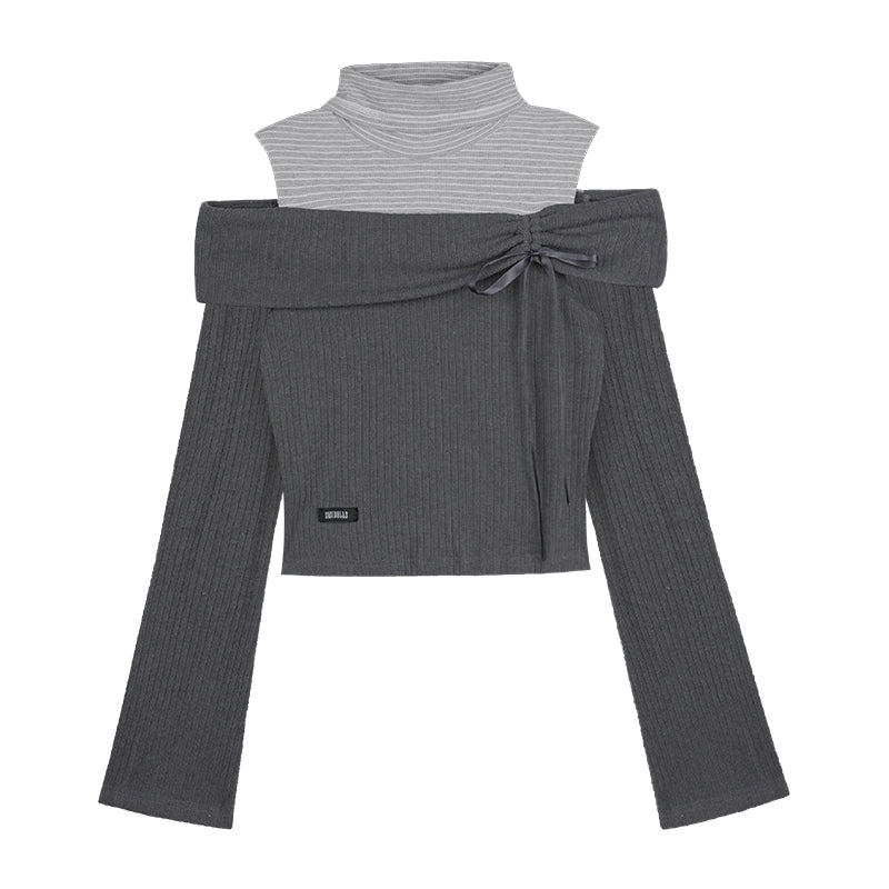 Gray Off-Shoulder Faux Two-Piece Knit Top