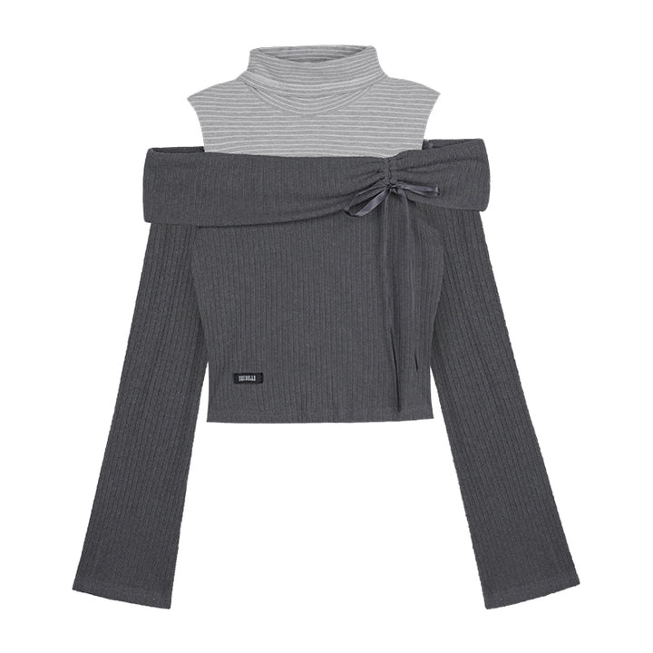 Gray Off-Shoulder Faux Two-Piece Knit Top