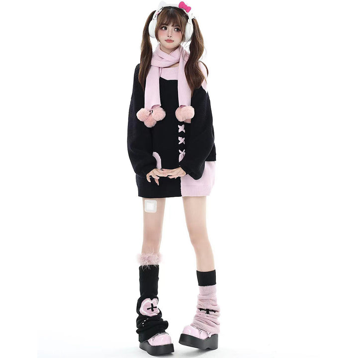 Heart Pattern Crossed Straps Decor Round Neck Sweater with Scarf