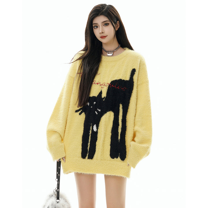 Cat Print Round Neck Yellow Autumn/Winter Sweater