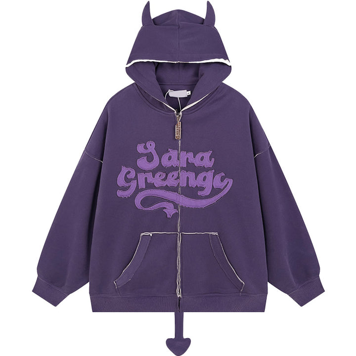 Little Devil Letter Embroidery Sweatshirt with Pockets