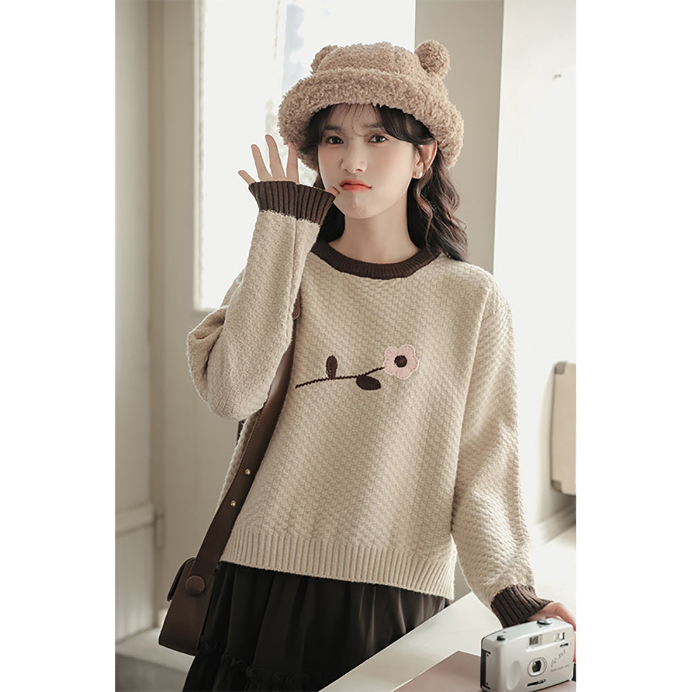 Floral Embroidered Round Neck Short Autumn Winter Sweater