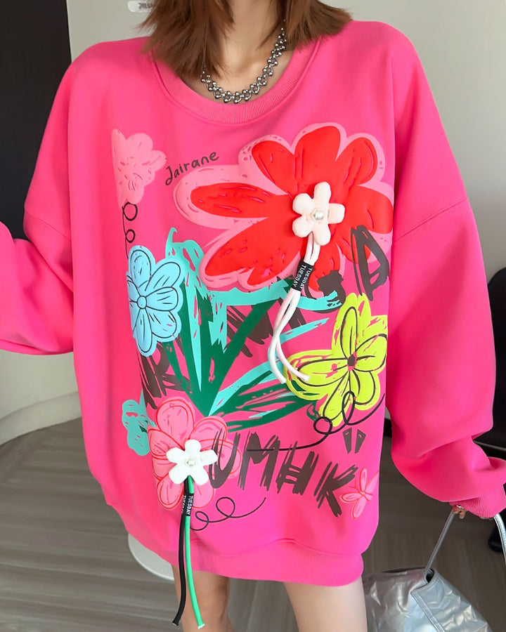 3D Floral Ribbon Decorated Oversized Casual Sweatshirt