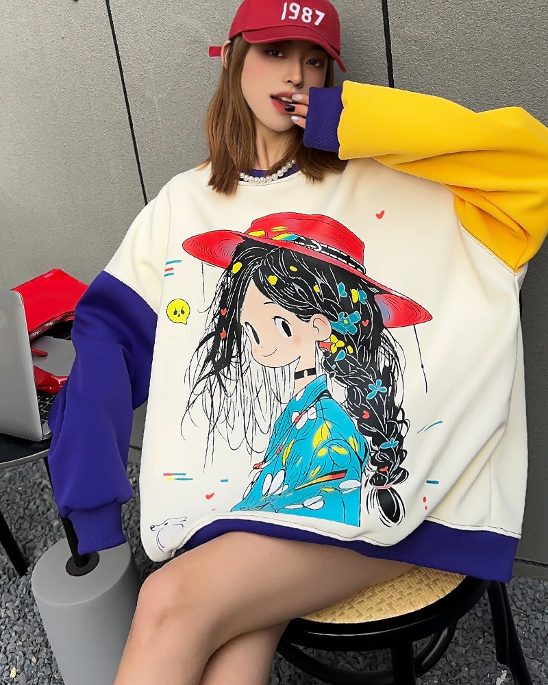 Fun Graffiti Girl Color Block Medium-length Loose Oversized Casual Sweatshirt