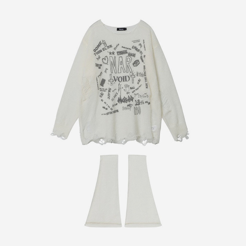 Vintage distressed loose fit long sleeves White knit sweater