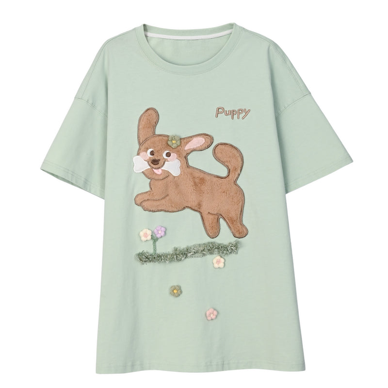 Green Puppy Patch Embroidery Short Sleeve T-Shirt