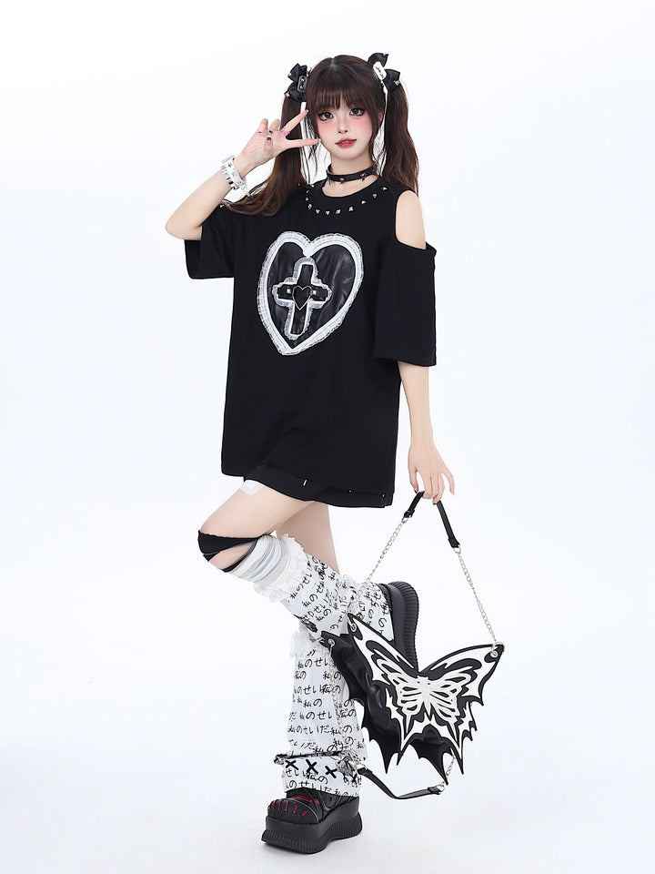 Love Heart Cross Embroidery Loose Black T-Shirt