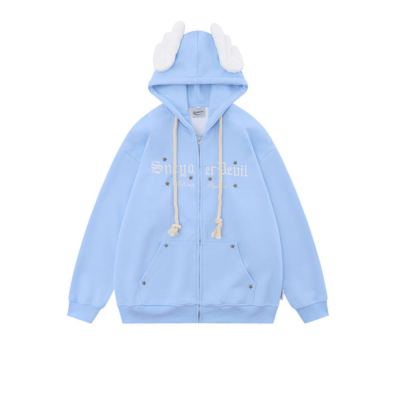 Japanese sweet style angel wing embellished hooded sweatshirt